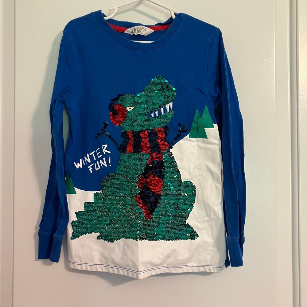 H&M Blue Long-Sleeve Shirt Green /White Sequin Dinosaur WINTER FUN! Boys Sz 6/7